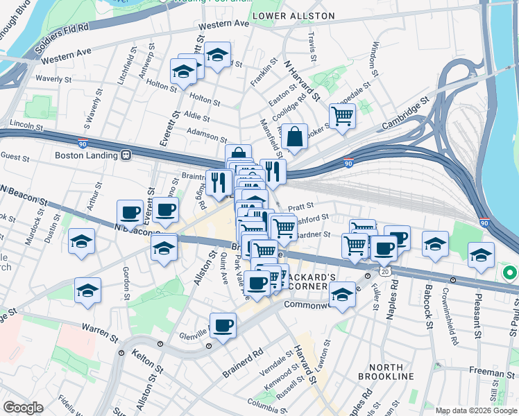 map of restaurants, bars, coffee shops, grocery stores, and more near 16 Highgate Street in Boston