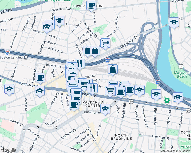 map of restaurants, bars, coffee shops, grocery stores, and more near 34R Pratt Street in Boston