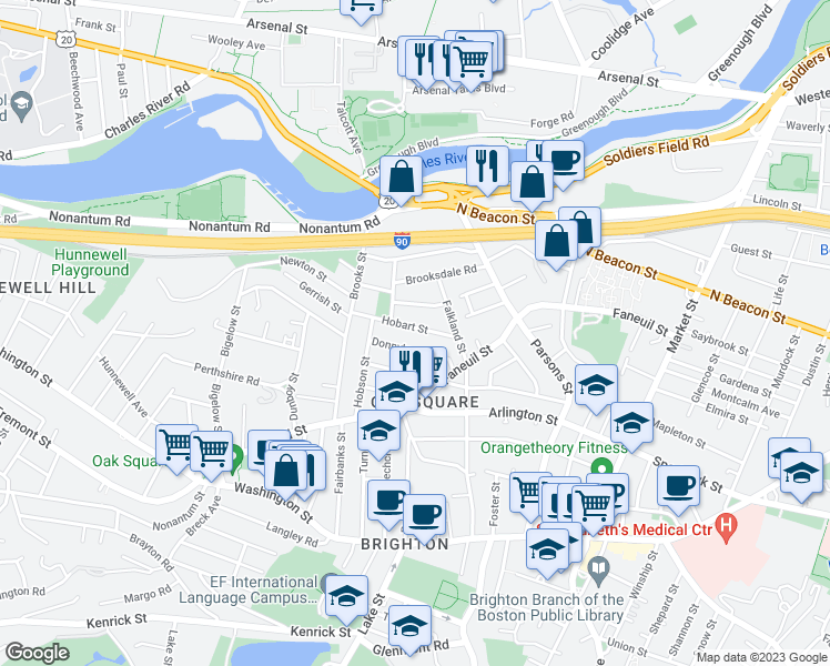 map of restaurants, bars, coffee shops, grocery stores, and more near 58 Hobart Street in Boston