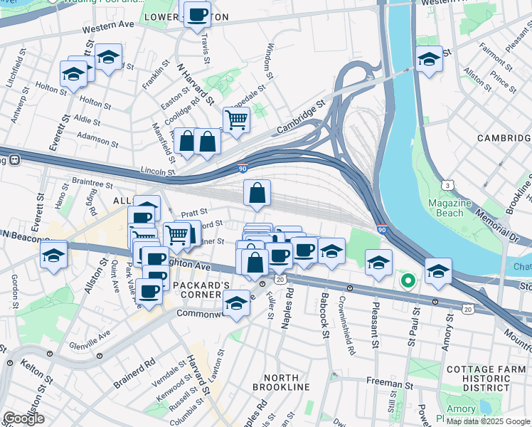 map of restaurants, bars, coffee shops, grocery stores, and more near 22 Wadsworth Street in Boston