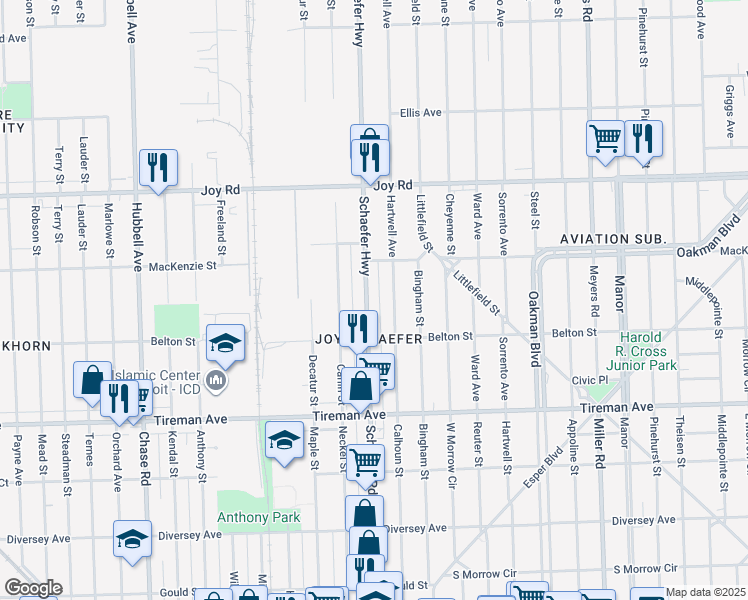 map of restaurants, bars, coffee shops, grocery stores, and more near 8323 Hartwell Street in Detroit