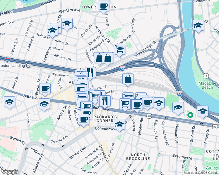 map of restaurants, bars, coffee shops, grocery stores, and more near 34R Pratt Street in Boston
