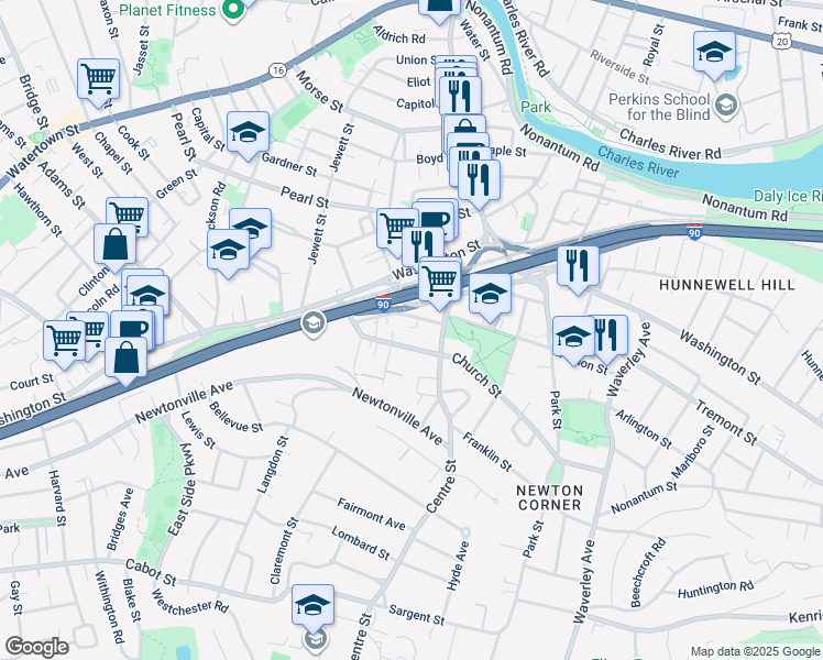 map of restaurants, bars, coffee shops, grocery stores, and more near 24 Richardson Street in Newton