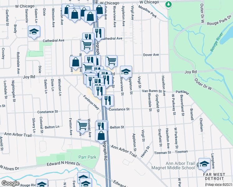 map of restaurants, bars, coffee shops, grocery stores, and more near 8632 Dale Street in Dearborn Heights