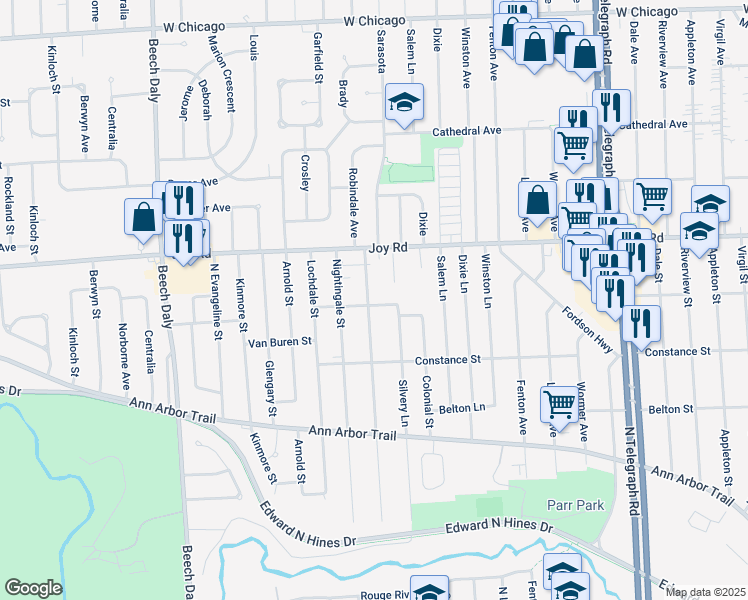 map of restaurants, bars, coffee shops, grocery stores, and more near 8602 Robindale Avenue in Dearborn Heights