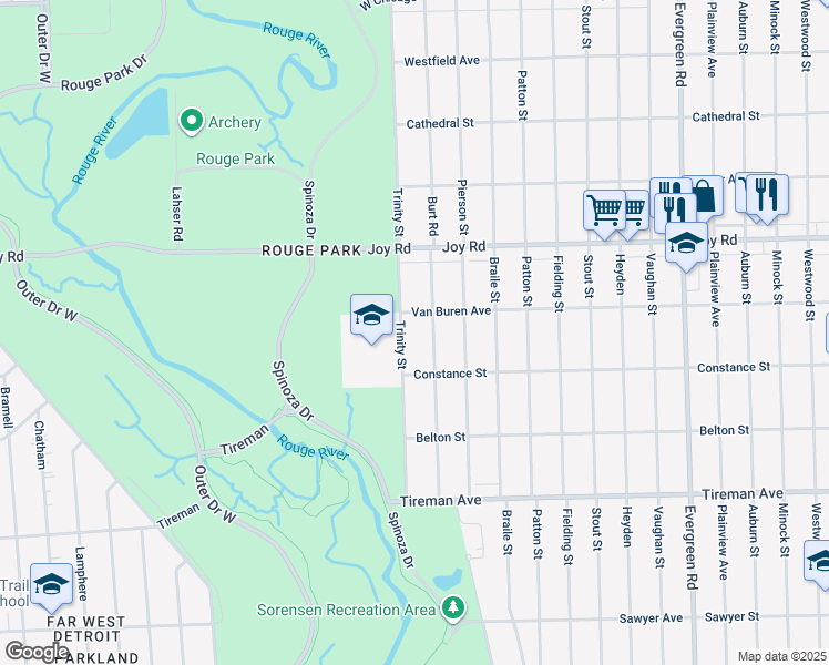 map of restaurants, bars, coffee shops, grocery stores, and more near 8506 Trinity Street in Detroit