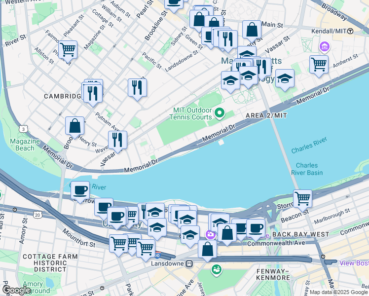 map of restaurants, bars, coffee shops, grocery stores, and more near Memorial Drive in Cambridge