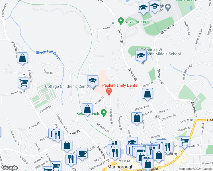 map of restaurants, bars, coffee shops, grocery stores, and more near 157 Union Street in Marlborough