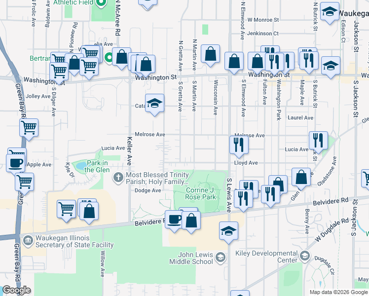 map of restaurants, bars, coffee shops, grocery stores, and more near 2115 Melrose Avenue in Waukegan