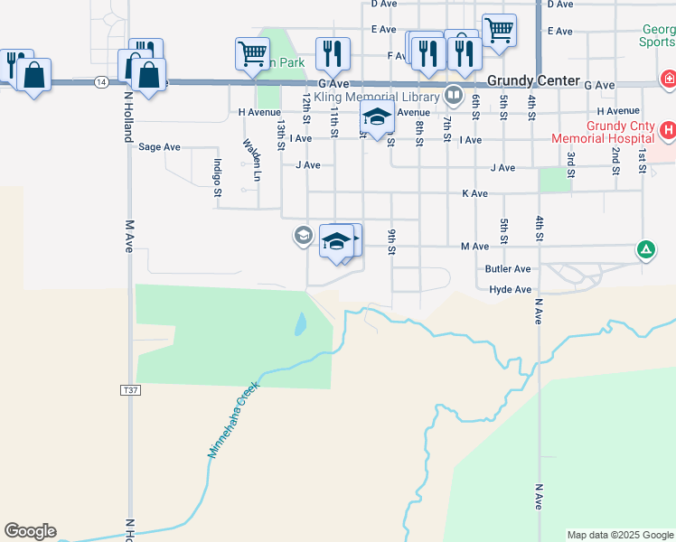 map of restaurants, bars, coffee shops, grocery stores, and more near 1006 M Avenue in Grundy Center