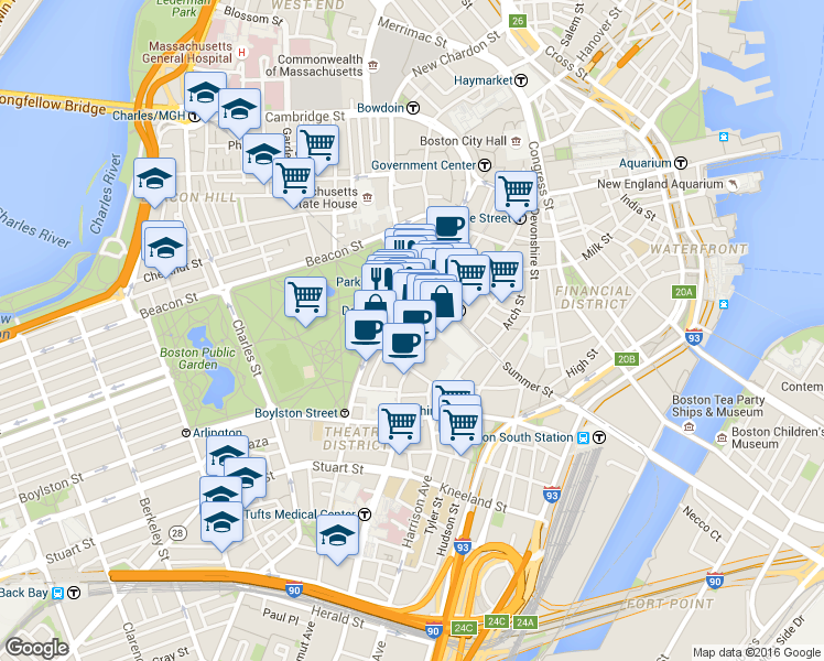 map of restaurants, bars, coffee shops, grocery stores, and more near 37-43 Temple Place in Boston