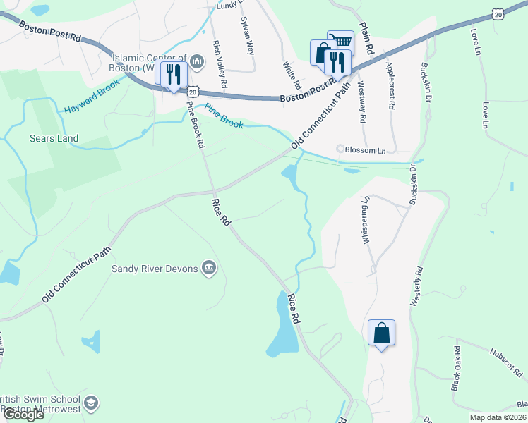 map of restaurants, bars, coffee shops, grocery stores, and more near 5 Highfields in Wayland