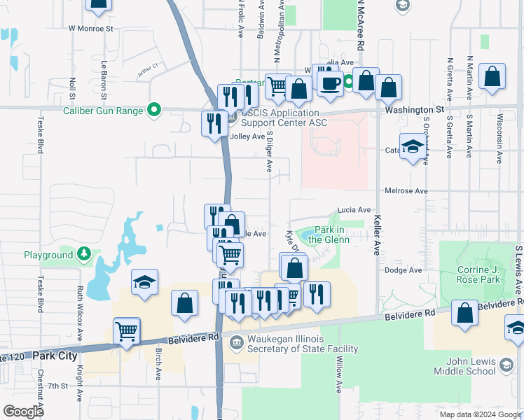 map of restaurants, bars, coffee shops, grocery stores, and more near 230 South Dilger Avenue in Waukegan