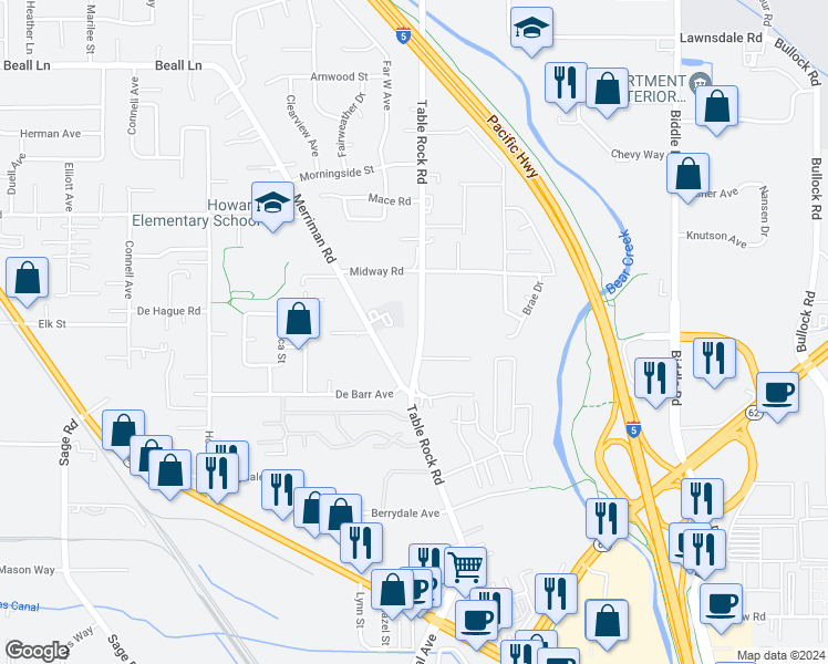 map of restaurants, bars, coffee shops, grocery stores, and more near 2629 Table Rock Road in Medford