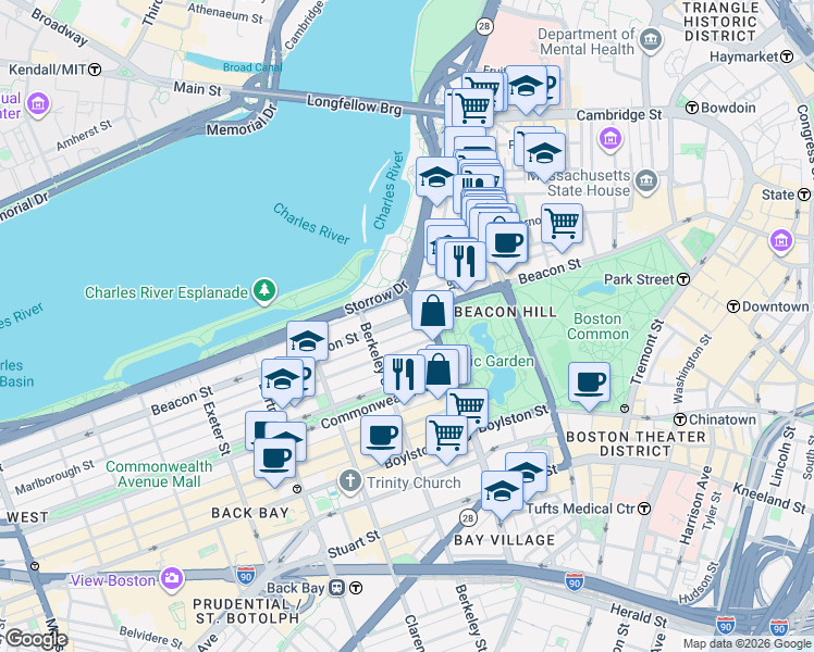 map of restaurants, bars, coffee shops, grocery stores, and more near in Boston