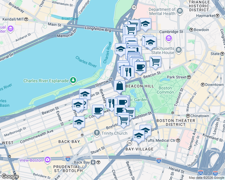 map of restaurants, bars, coffee shops, grocery stores, and more near 113 Beacon Street in Boston