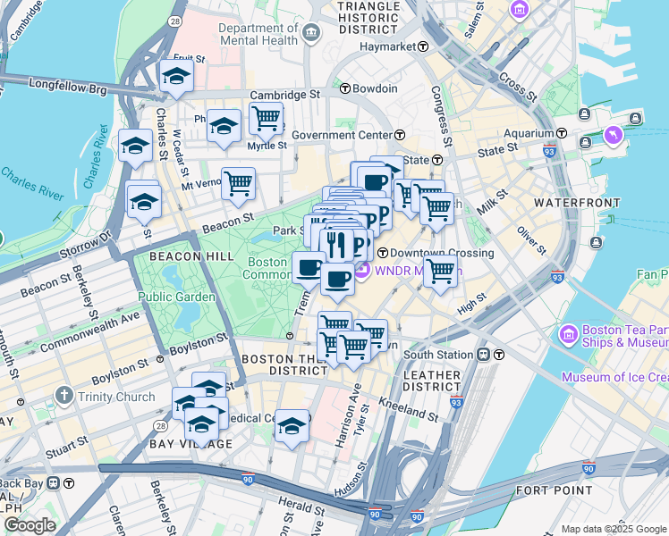 map of restaurants, bars, coffee shops, grocery stores, and more near 10 Temple Place in Boston