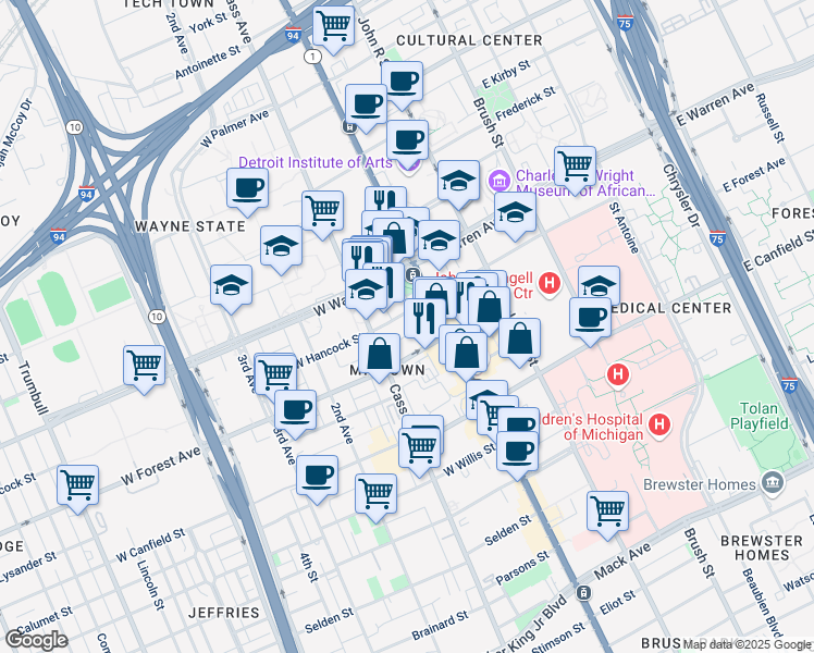 map of restaurants, bars, coffee shops, grocery stores, and more near West Hancock Street in Detroit