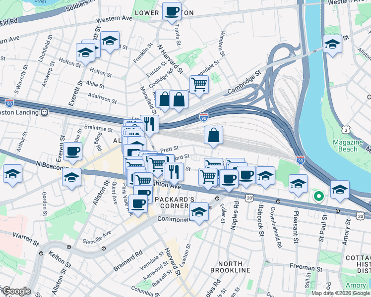 map of restaurants, bars, coffee shops, grocery stores, and more near 34R Pratt Street in Boston