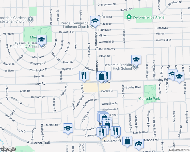 map of restaurants, bars, coffee shops, grocery stores, and more near 8885 Merriman Road in Livonia