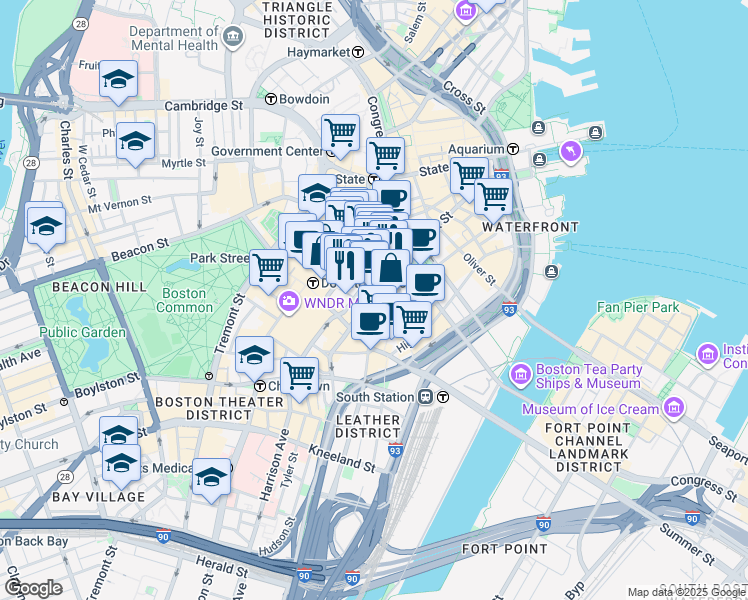 map of restaurants, bars, coffee shops, grocery stores, and more near 20 Winthrop Square in Boston
