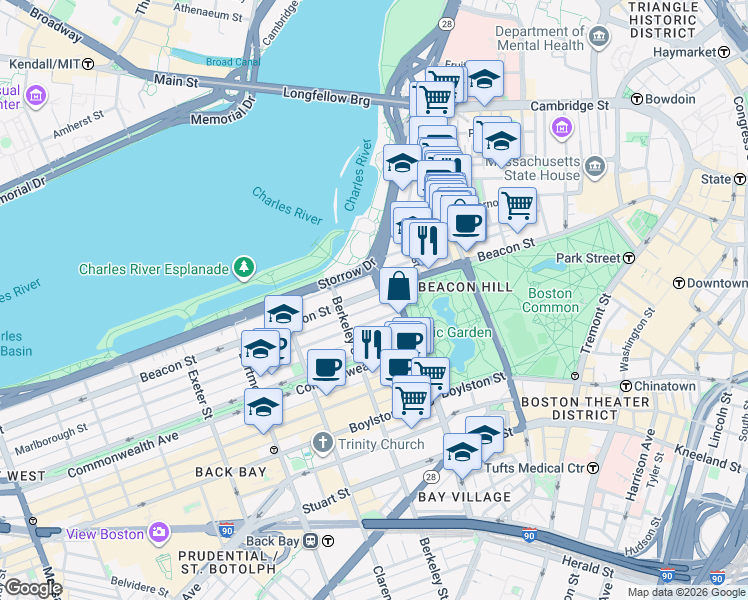 map of restaurants, bars, coffee shops, grocery stores, and more near in Boston
