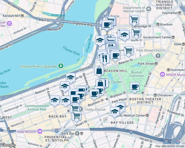 map of restaurants, bars, coffee shops, grocery stores, and more near in Boston