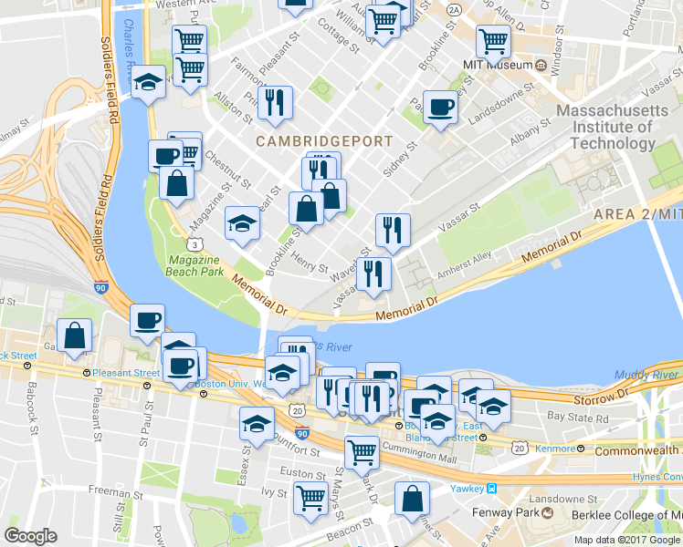 map of restaurants, bars, coffee shops, grocery stores, and more near 278 Sidney Street in Cambridge