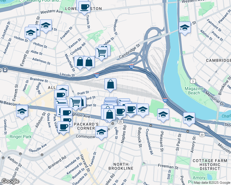 map of restaurants, bars, coffee shops, grocery stores, and more near 22 Wadsworth Street in Boston