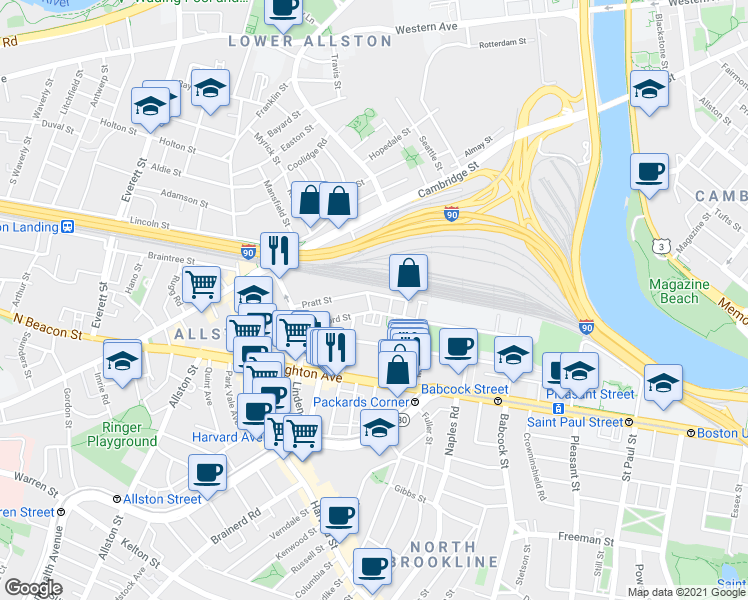 map of restaurants, bars, coffee shops, grocery stores, and more near 4 Wadsworth Street in Boston