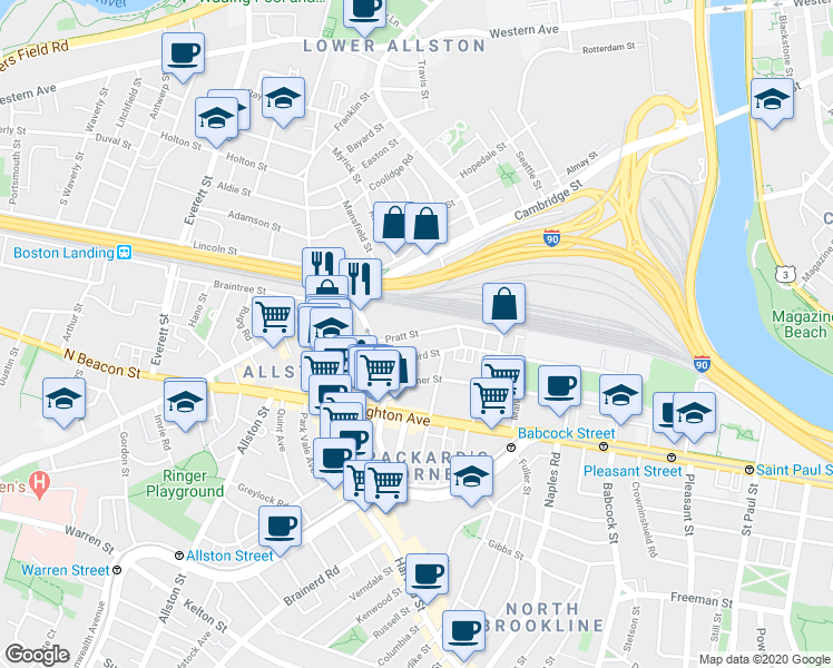map of restaurants, bars, coffee shops, grocery stores, and more near 34R Pratt Street in Boston