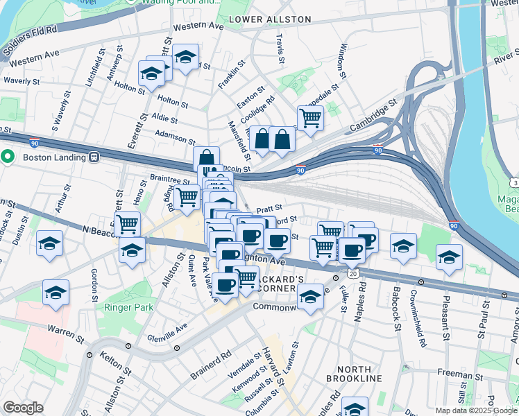 map of restaurants, bars, coffee shops, grocery stores, and more near 22 Pratt Street in Boston