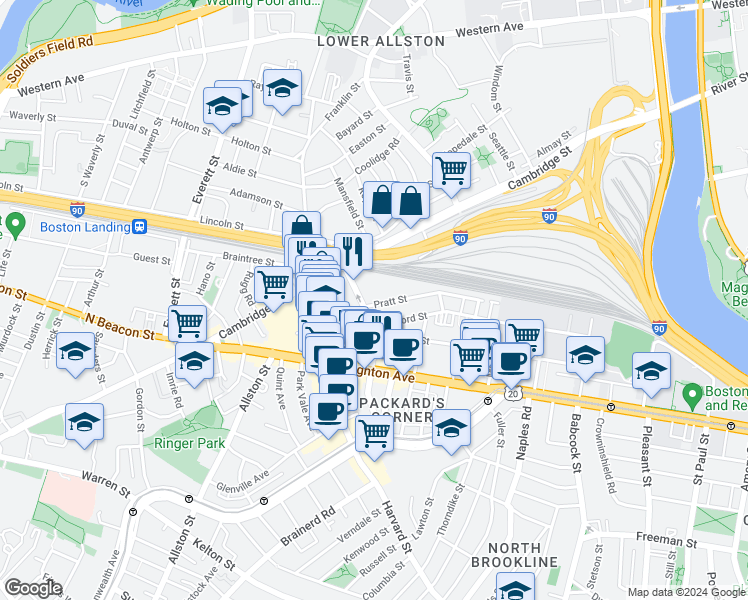 map of restaurants, bars, coffee shops, grocery stores, and more near 22 Pratt Street in Boston