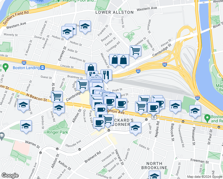 map of restaurants, bars, coffee shops, grocery stores, and more near 22 Pratt Street in Boston