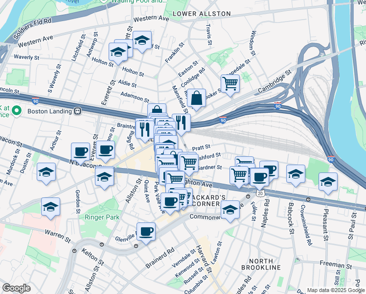 map of restaurants, bars, coffee shops, grocery stores, and more near 16 Highgate Street in Boston