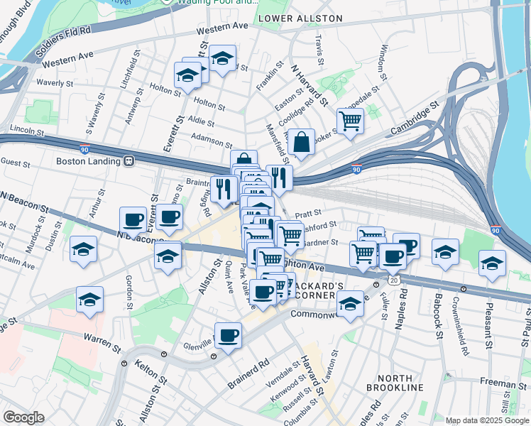 map of restaurants, bars, coffee shops, grocery stores, and more near 16 Highgate Street in Boston