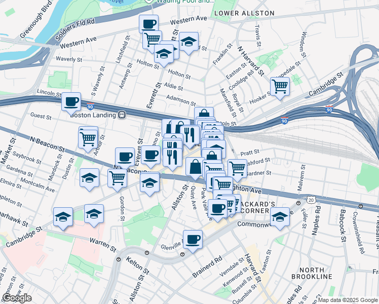 map of restaurants, bars, coffee shops, grocery stores, and more near 15 Denby Road in Boston
