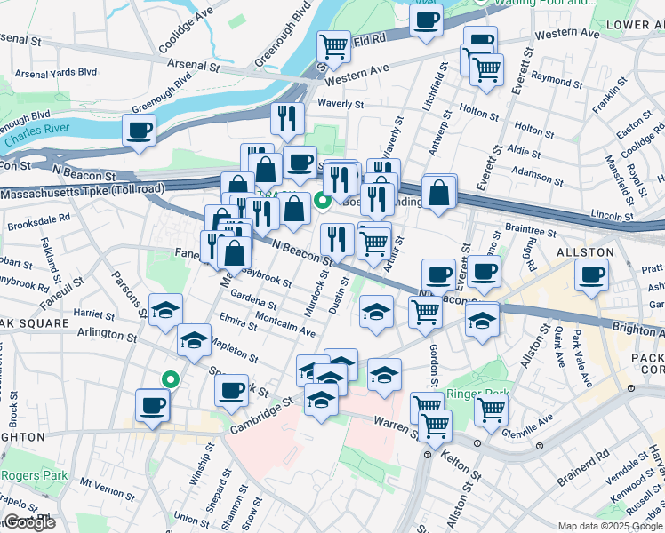 map of restaurants, bars, coffee shops, grocery stores, and more near 155-157 Murdock Street in Boston