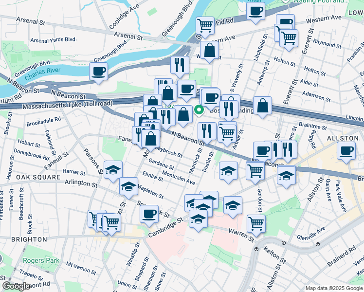 map of restaurants, bars, coffee shops, grocery stores, and more near 160 North Beacon Street in Boston