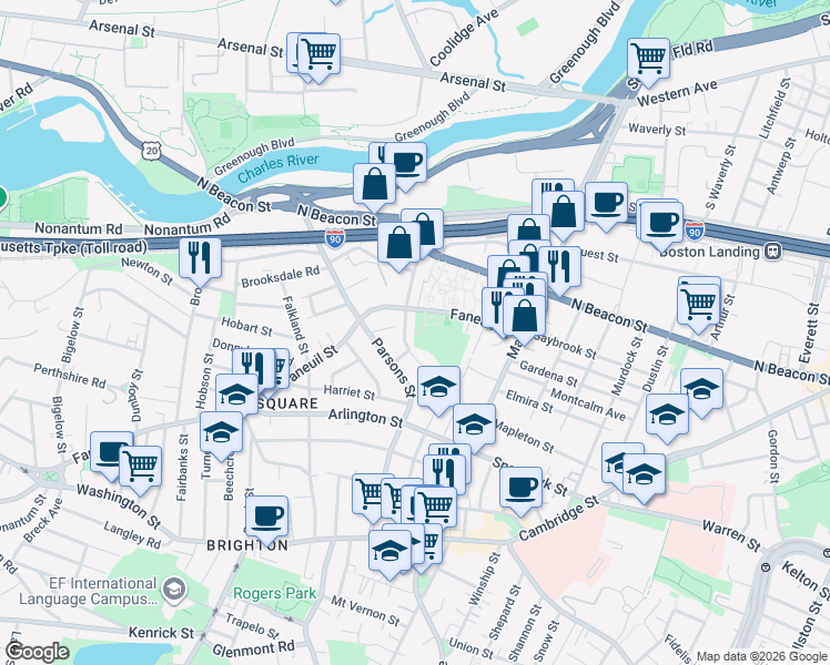 map of restaurants, bars, coffee shops, grocery stores, and more near 52 Goodenough Street in Boston