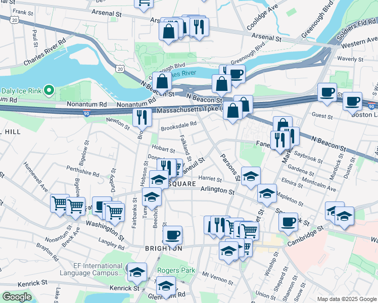 map of restaurants, bars, coffee shops, grocery stores, and more near 37-39 Falkland Street in Boston