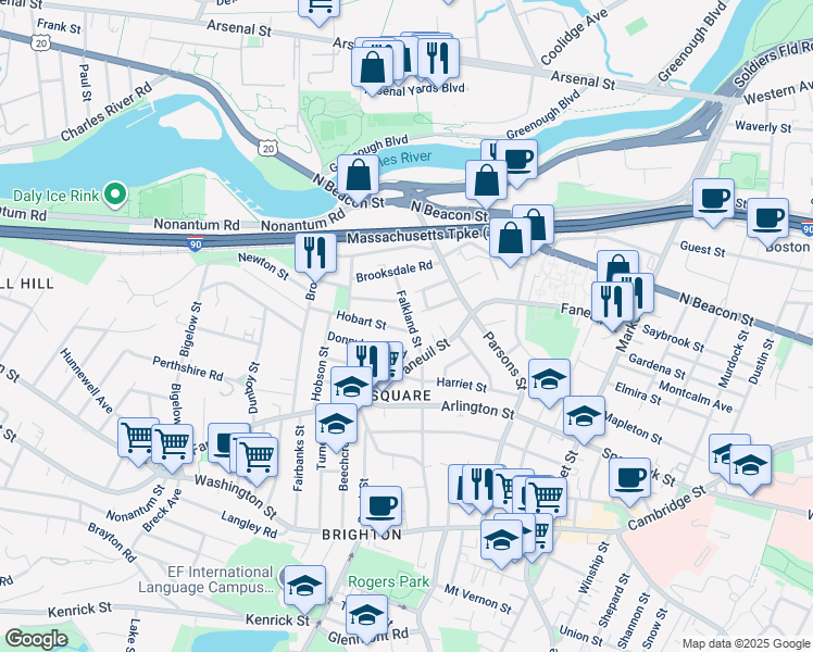map of restaurants, bars, coffee shops, grocery stores, and more near 37-39 Falkland Street in Boston