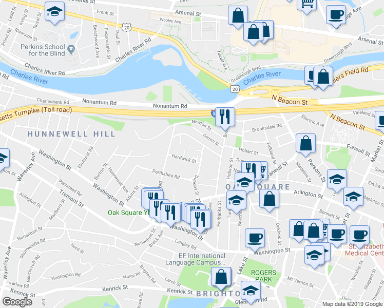 map of restaurants, bars, coffee shops, grocery stores, and more near 183 Bigelow Street in Boston