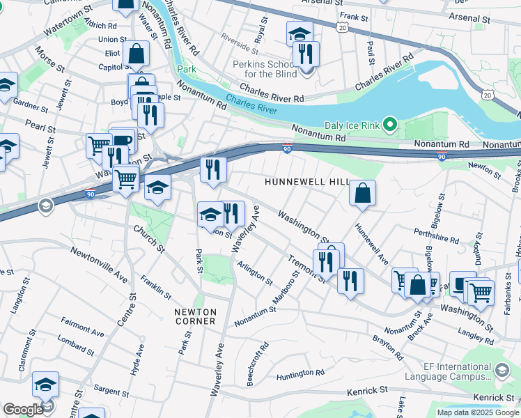 map of restaurants, bars, coffee shops, grocery stores, and more near 101 Washington Street in Newton