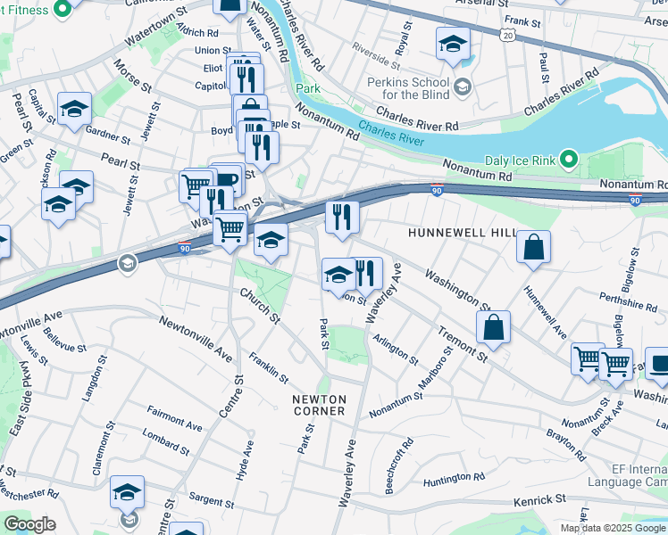 map of restaurants, bars, coffee shops, grocery stores, and more near 15 Hibbard Road in Newton