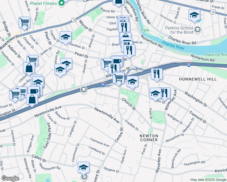 map of restaurants, bars, coffee shops, grocery stores, and more near 23 Richardson Street in Newton
