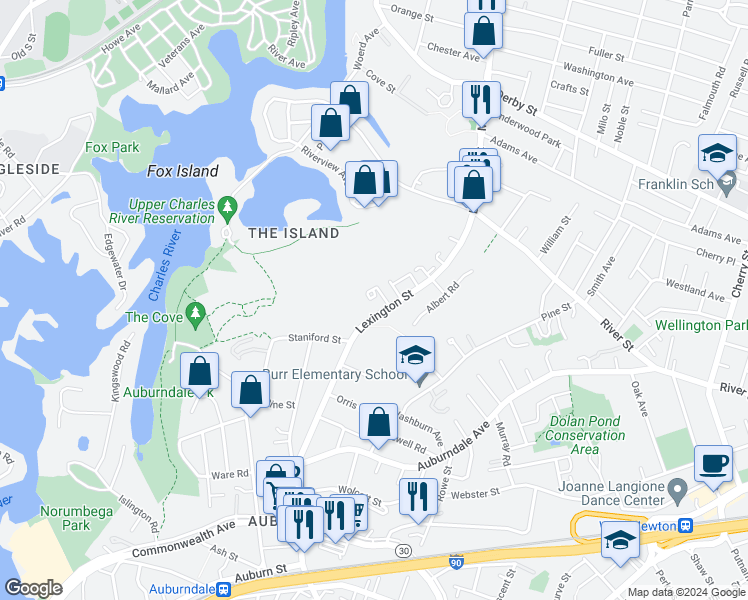 map of restaurants, bars, coffee shops, grocery stores, and more near 181 Lexington Street in Newton