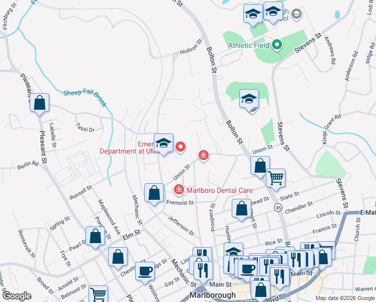 map of restaurants, bars, coffee shops, grocery stores, and more near 157 Union Street in Marlborough