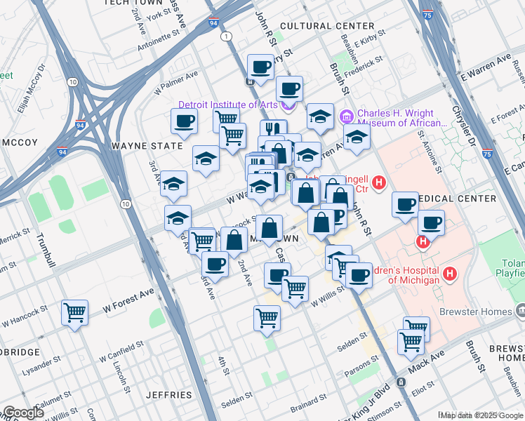 map of restaurants, bars, coffee shops, grocery stores, and more near 98 West Hancock Street in Detroit
