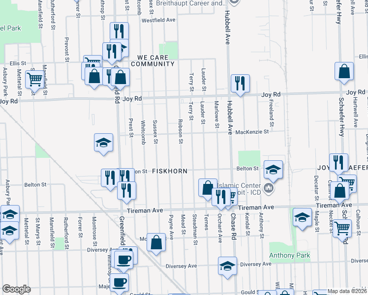 map of restaurants, bars, coffee shops, grocery stores, and more near 8335 Robson Street in Detroit